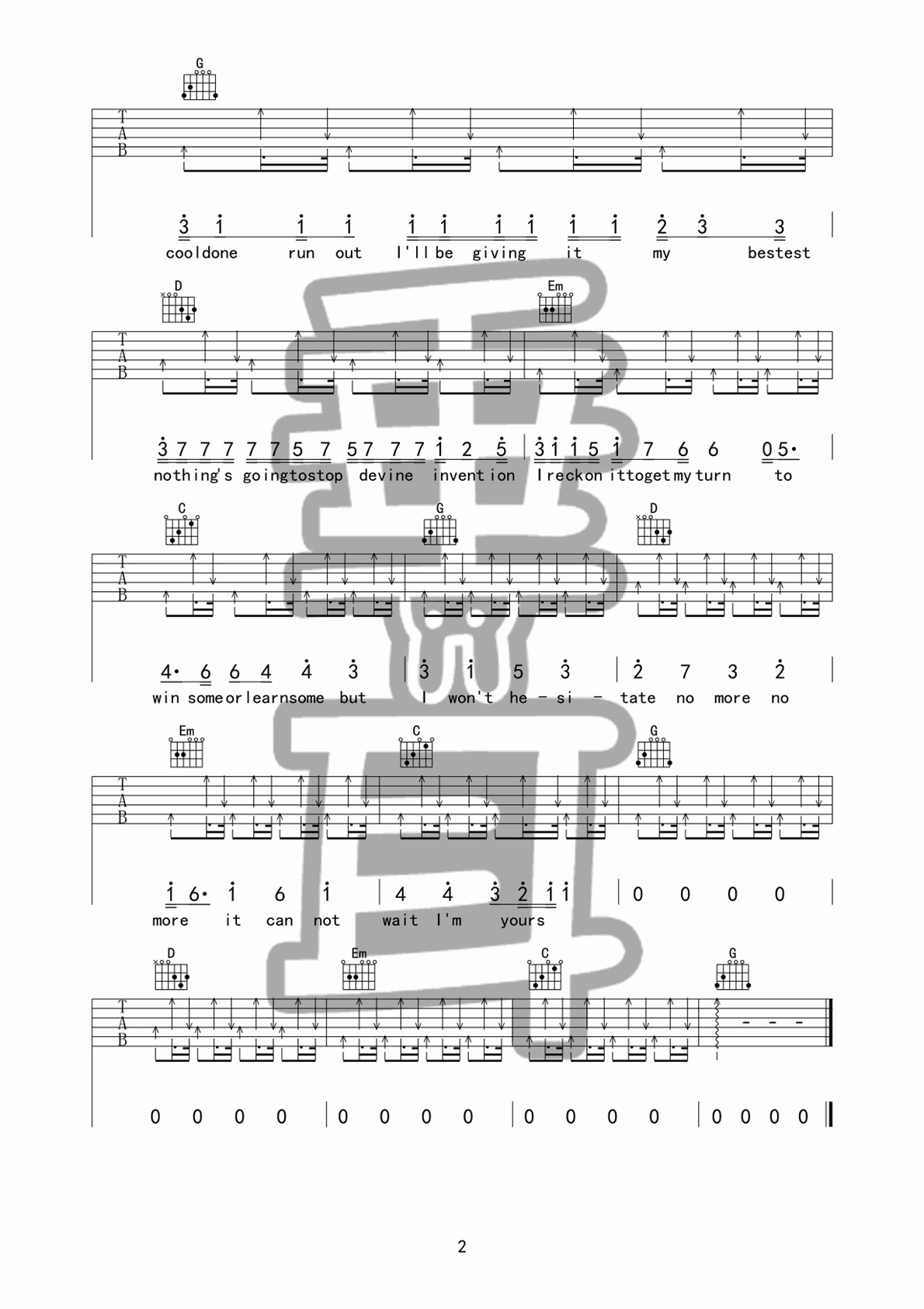 I'm yours吉他谱 Jason Mraz G调垂耳吉他版-C大调音乐网