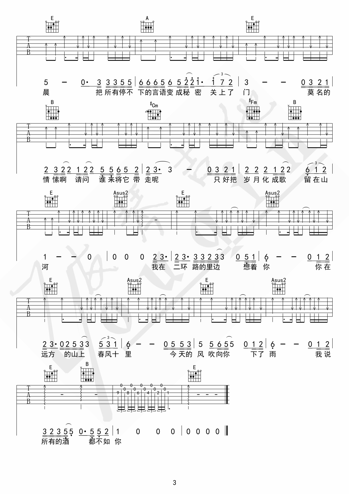 春风十里吉他谱 鹿先森乐队 E调原版 友琴吉他教室编-C大调音乐网