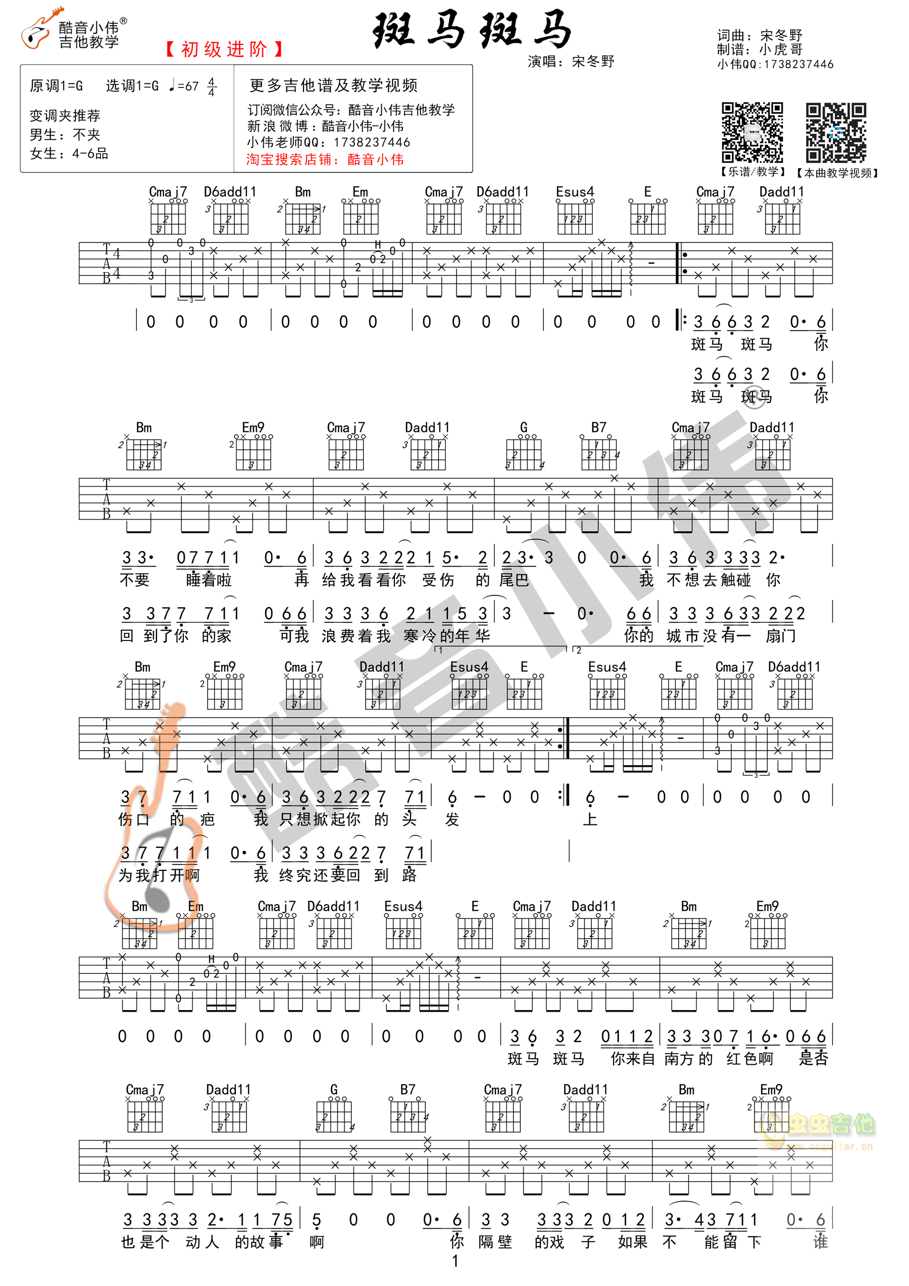 宋冬野《斑马斑马》吉他谱G调初级进阶版（酷音...-C大调音乐网