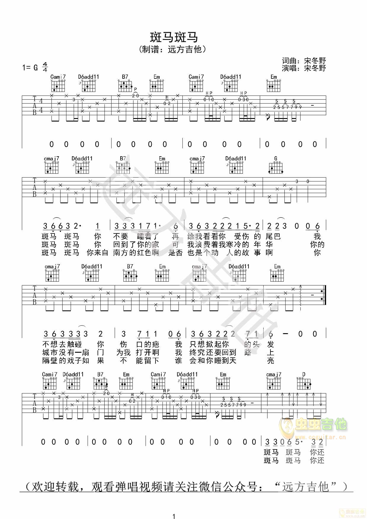 《斑马斑马》宋冬野G调-C大调音乐网