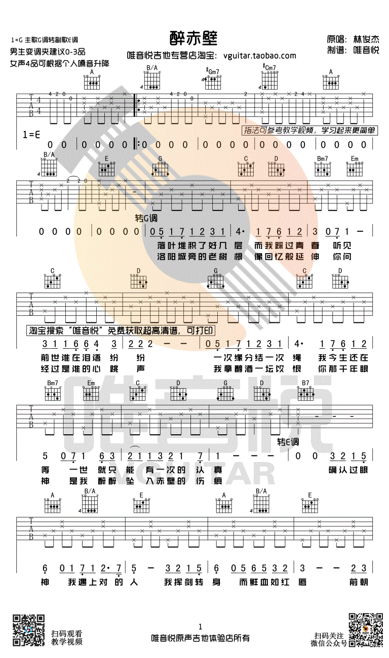 醉赤壁吉他谱_简单版_林俊杰_确认过眼神弹唱谱-C大调音乐网