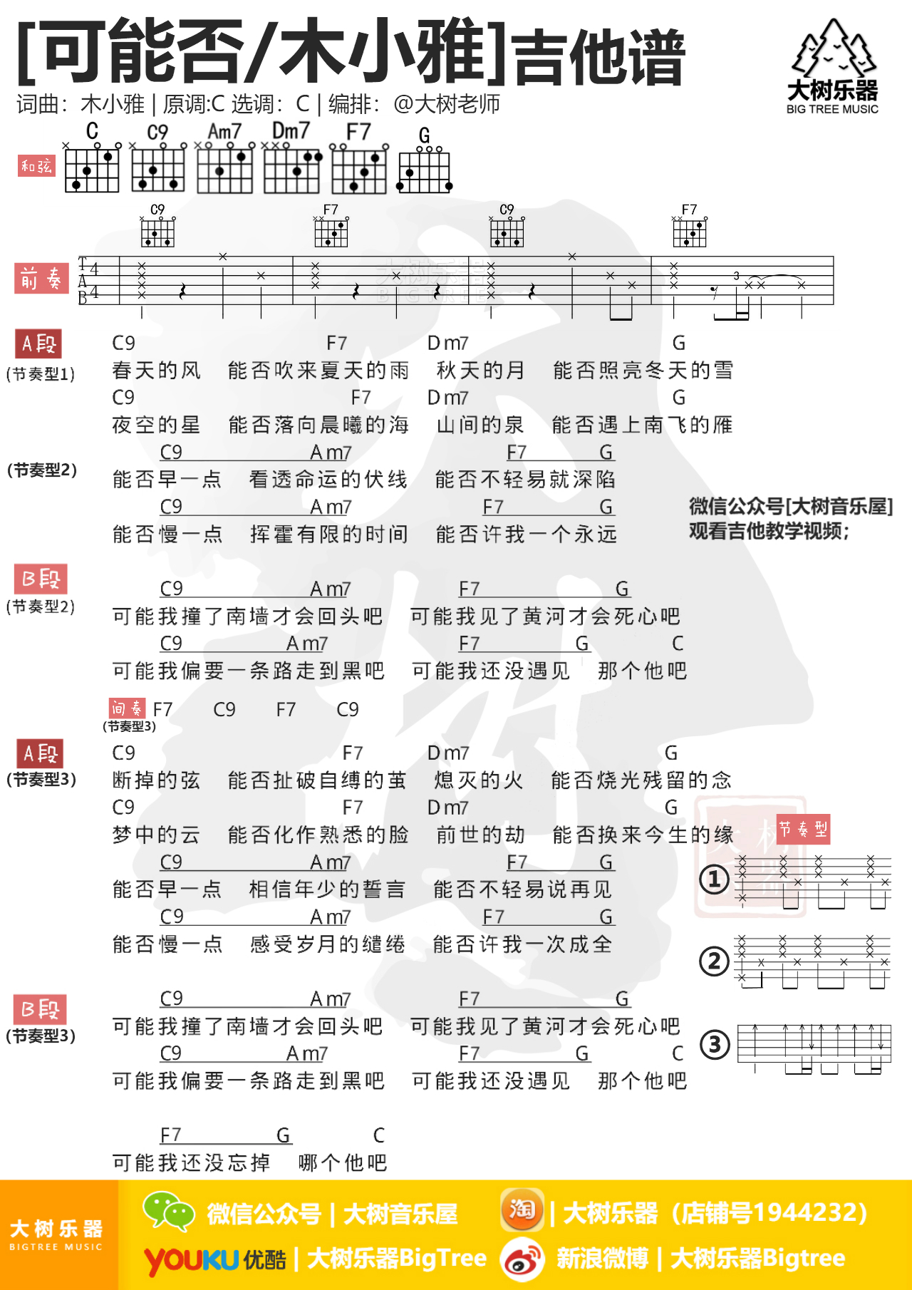 《可能否》木小雅-吉他弹唱翻唱-吉他教学-大树乐器-C大调音乐网