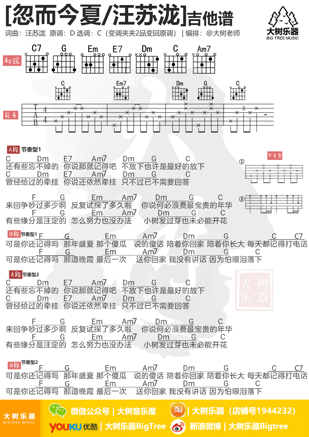 《忽而今夏》汪苏泷-吉他弹唱-吉他谱-大树乐器-大树音乐-C大调音乐网