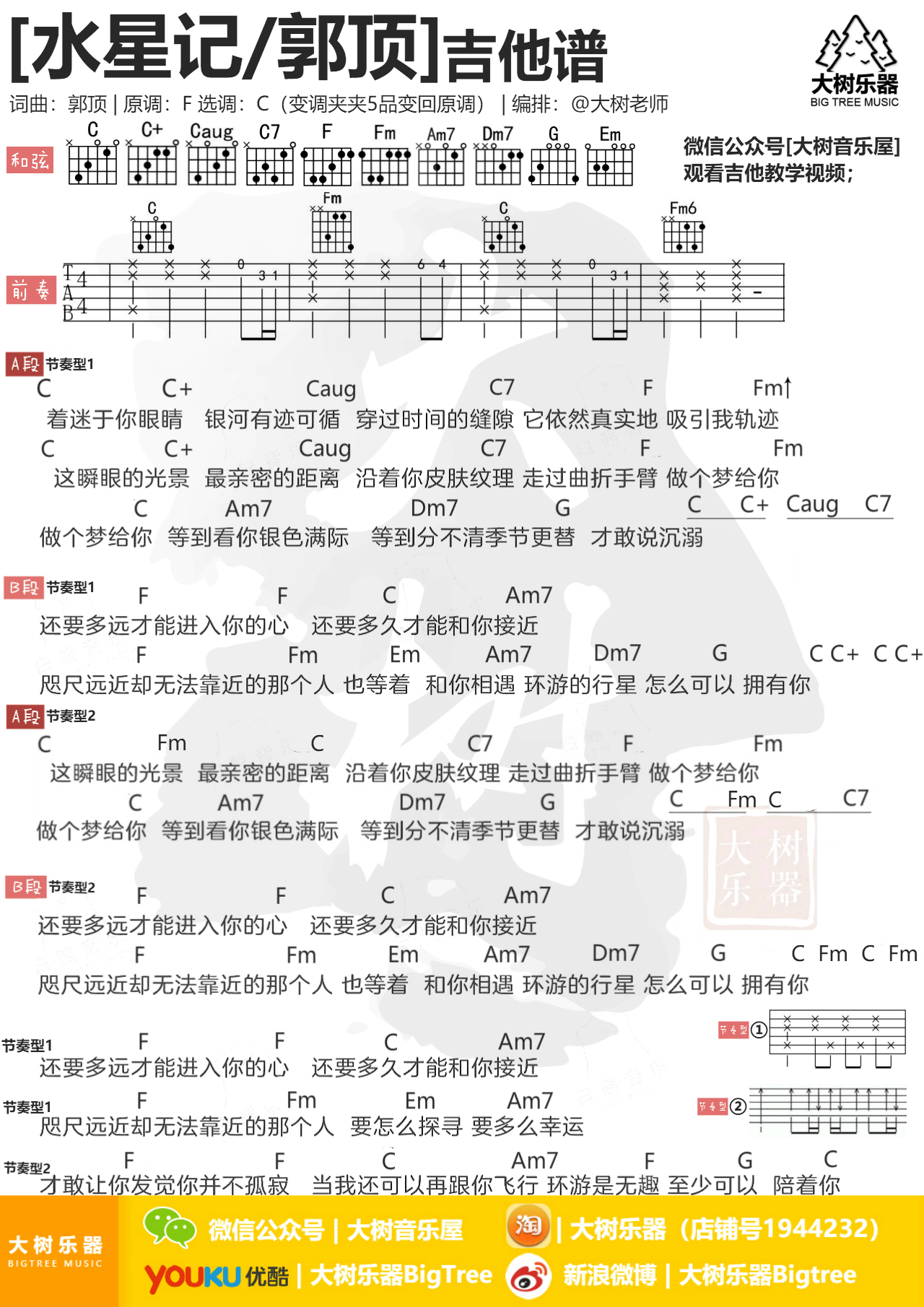 《水星记》郭顶-吉他弹唱翻唱-吉他教学-大树乐器-大树音乐-C大调音乐网