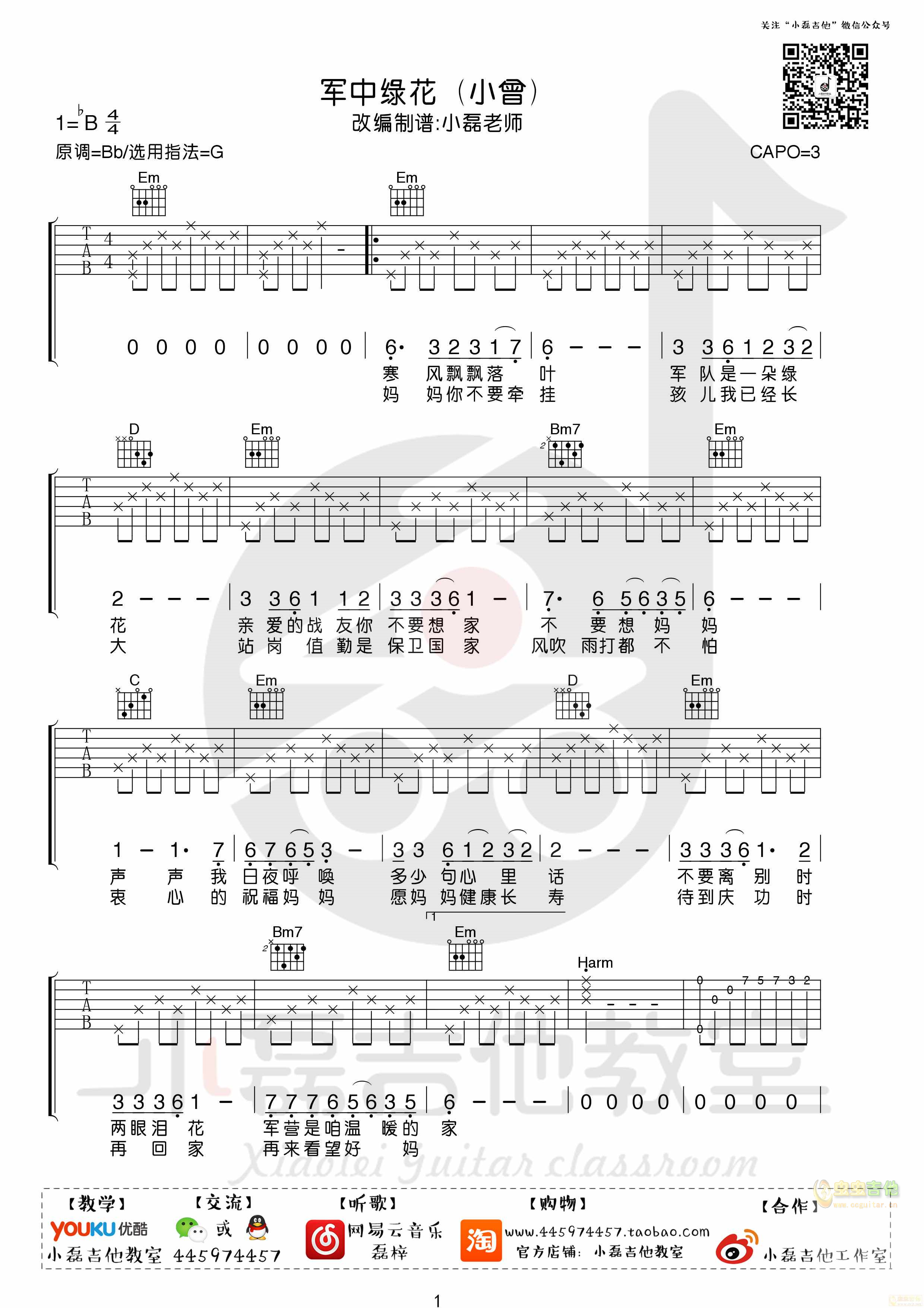 《军中绿花》吉他弹唱教学――小磊吉他教室出品...-C大调音乐网