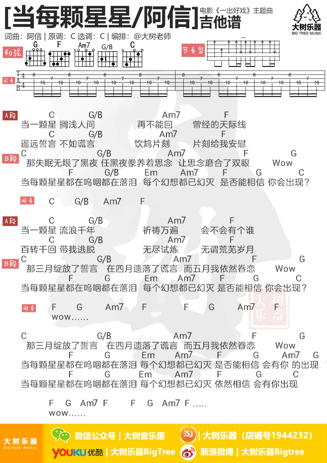 当每颗星星(电影《一出好戏》主题曲 阿信/黄渤 大树乐器-大树音乐)-C大调音乐网