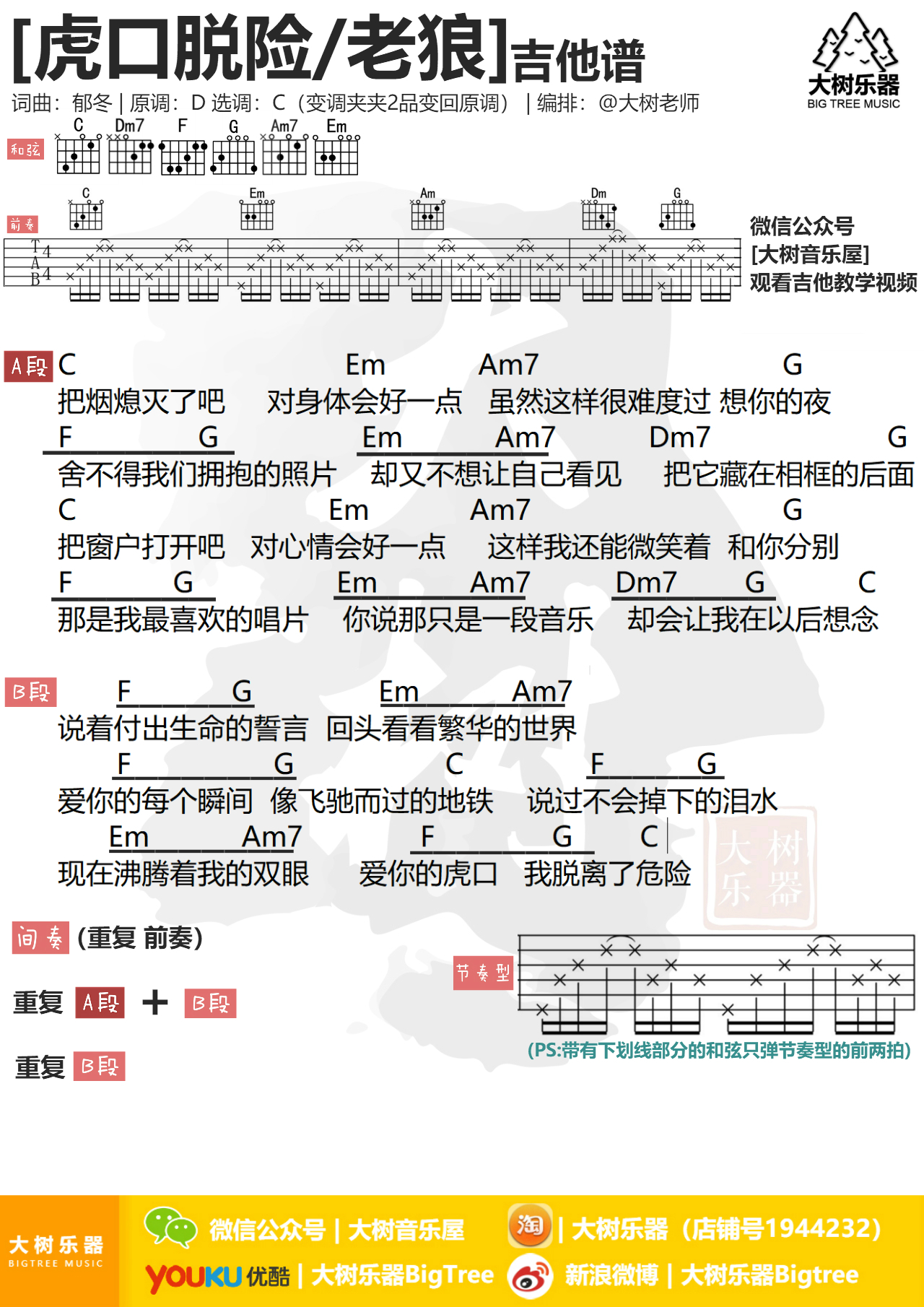 虎口脱险(老狼/张磊-大树乐器)-C大调音乐网