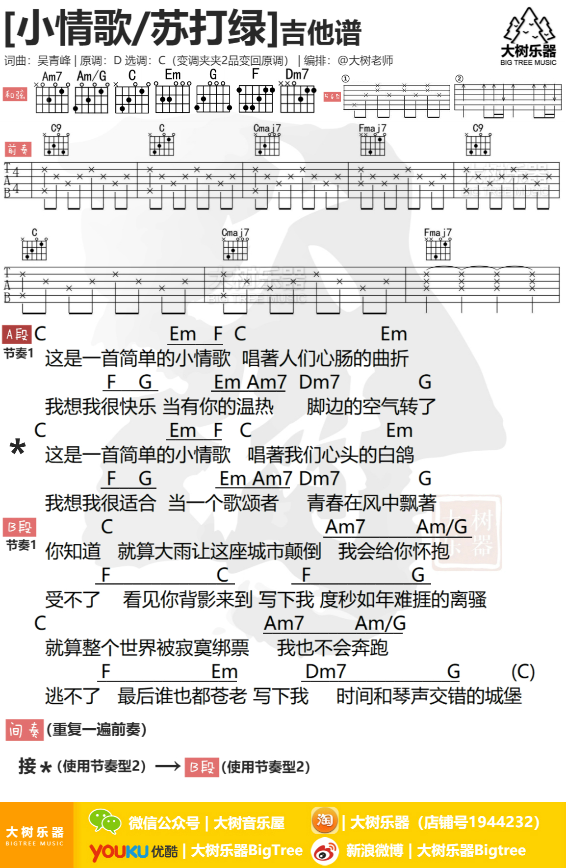 小情歌(弹唱翻唱吉他教学-大树乐器)-C大调音乐网