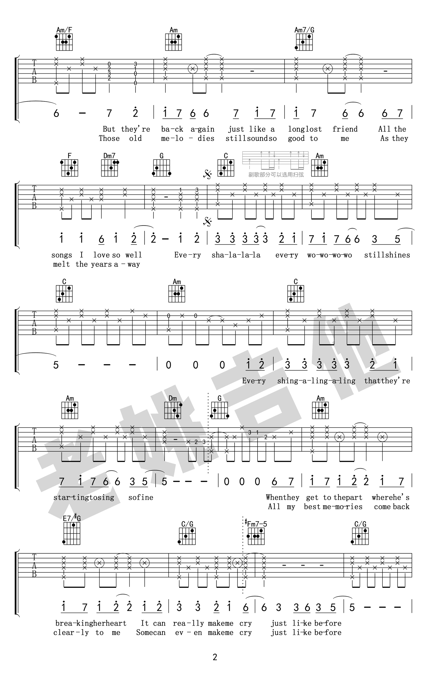 昨日重现吉他谱_Yesterday Once More_C调弹唱谱_吉他教学-C大调音乐网