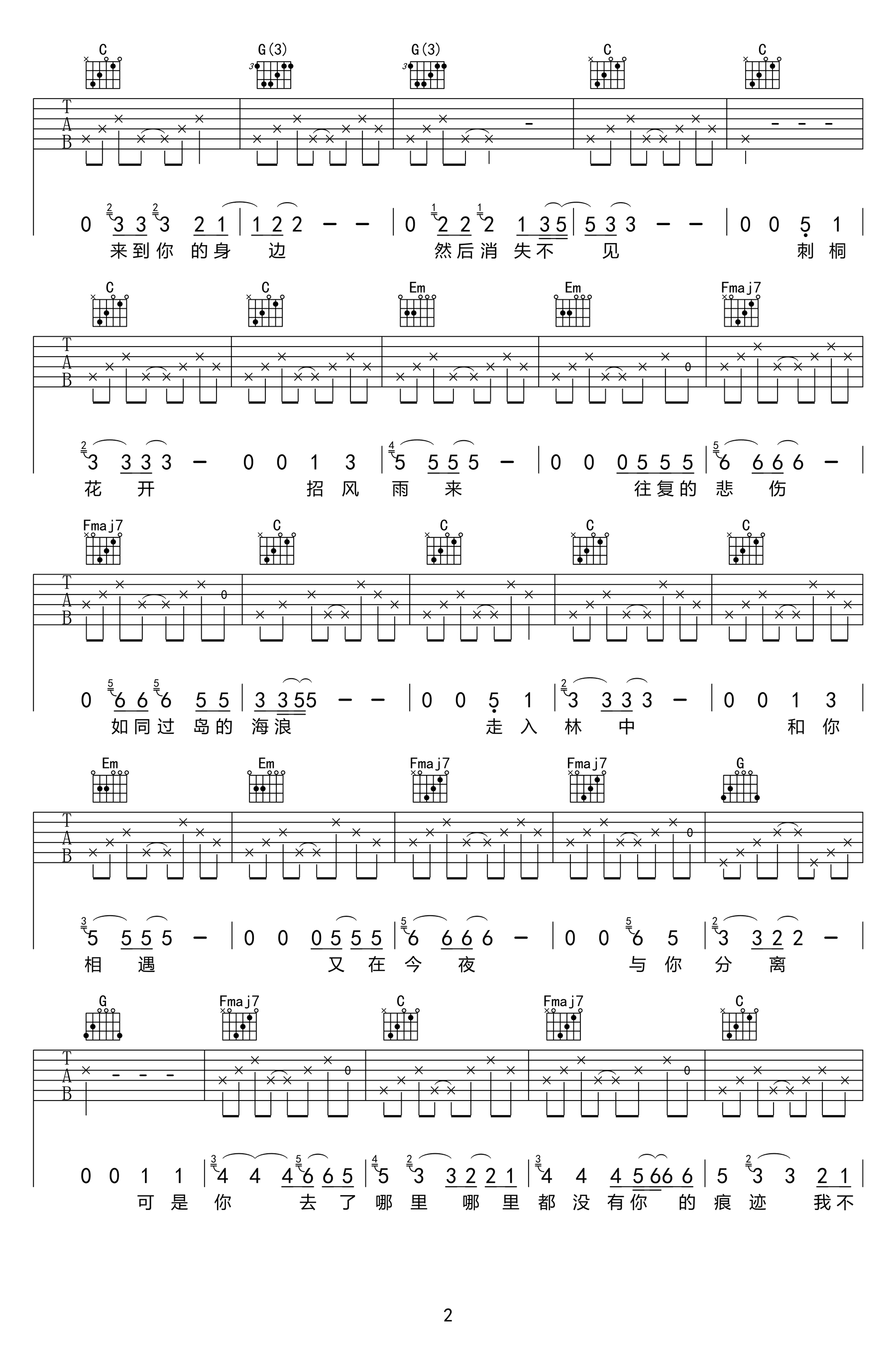 岛歌吉他谱_汤旭_C调弹唱六线谱_图片谱-C大调音乐网