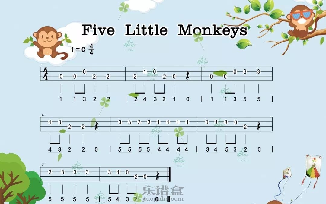 亲子英文歌《Five Little Monkeys》尤克里里谱-C大调音乐网