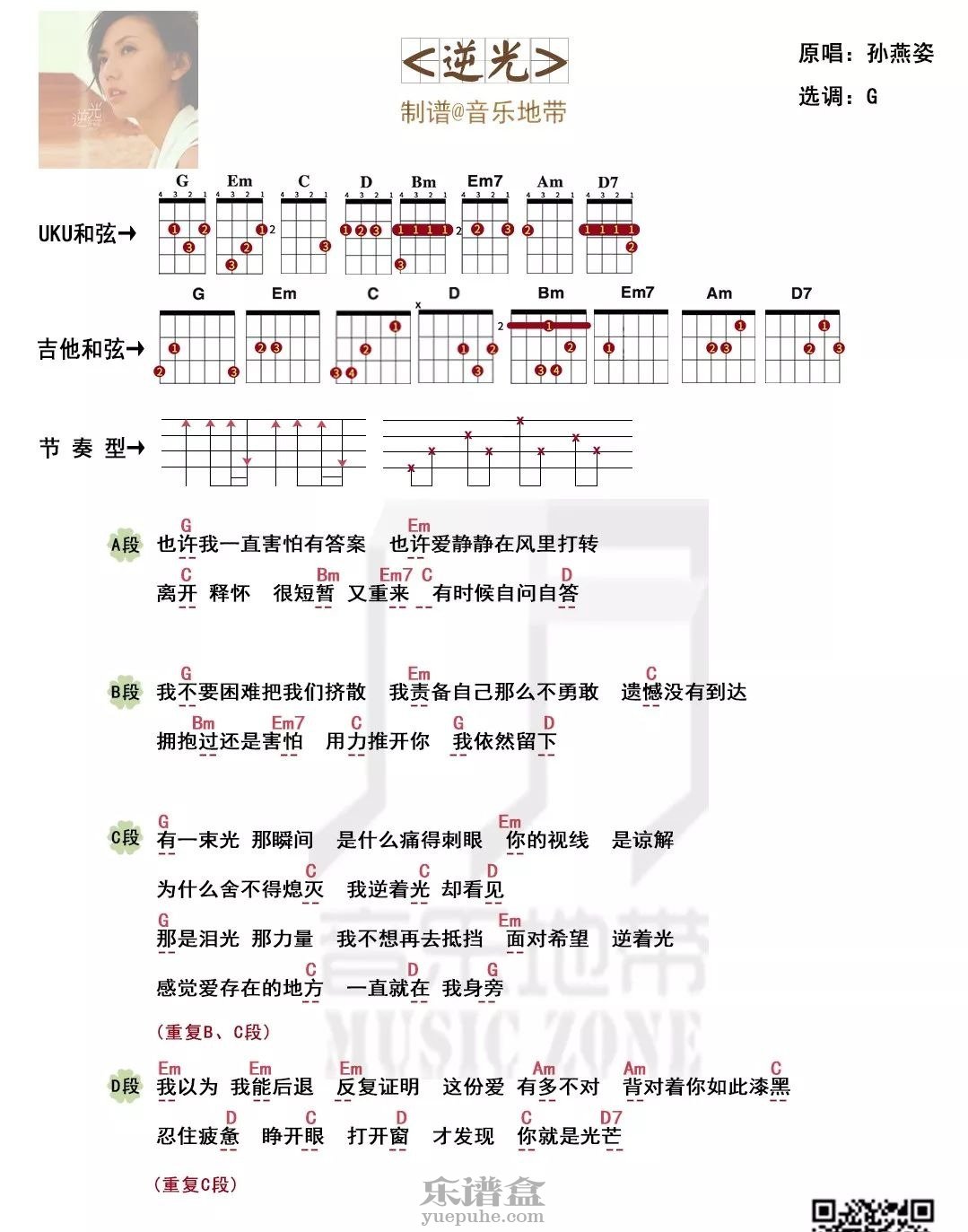 孙燕姿《逆光》尤克里里谱-C大调音乐网