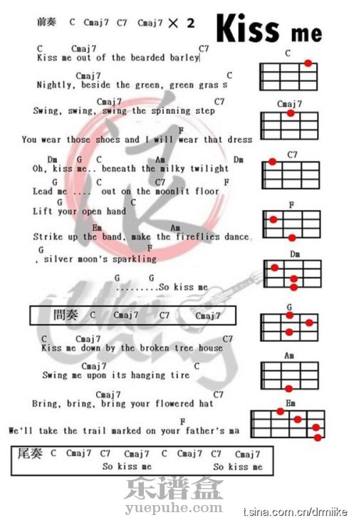 《Kiss me》小U 尤克里里弹唱谱-C大调音乐网