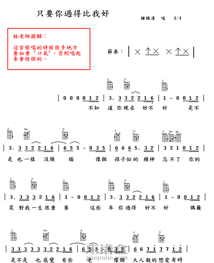 《只要你过得比我好》ukulele谱 – 弹唱-C大调音乐网