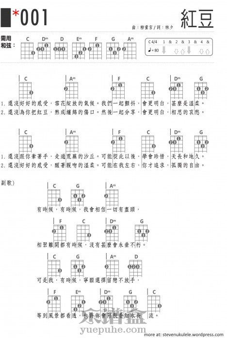 《红豆》 王菲 尤克里里ukulele谱-C大调音乐网