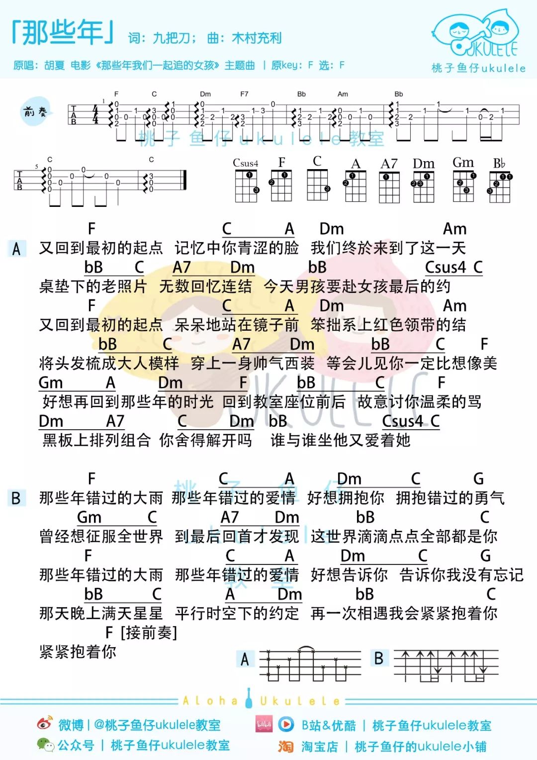 「那些年」尤克里里弹唱教学+谱（胡夏）桃子&鱼仔-C大调音乐网