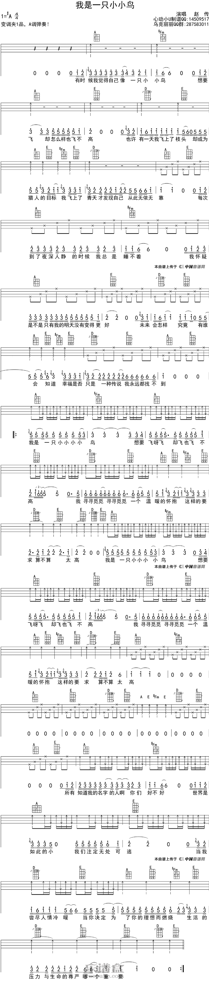 我是一只小小鸟-赵传 尤克里里曲谱-C大调音乐网