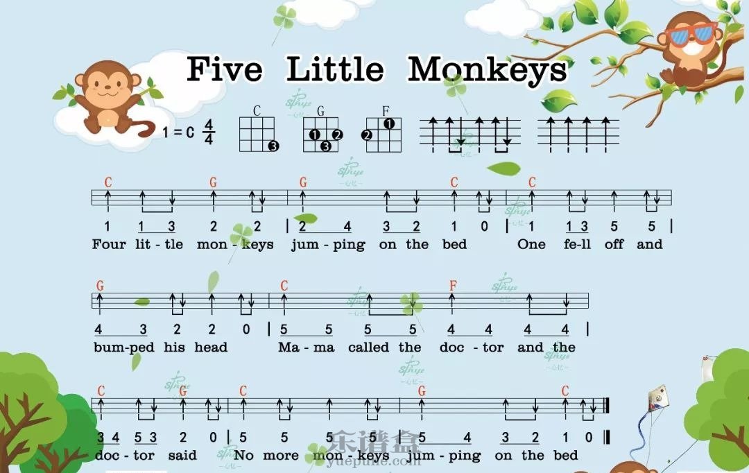 亲子英文歌《Five Little Monkeys》尤克里里谱-C大调音乐网