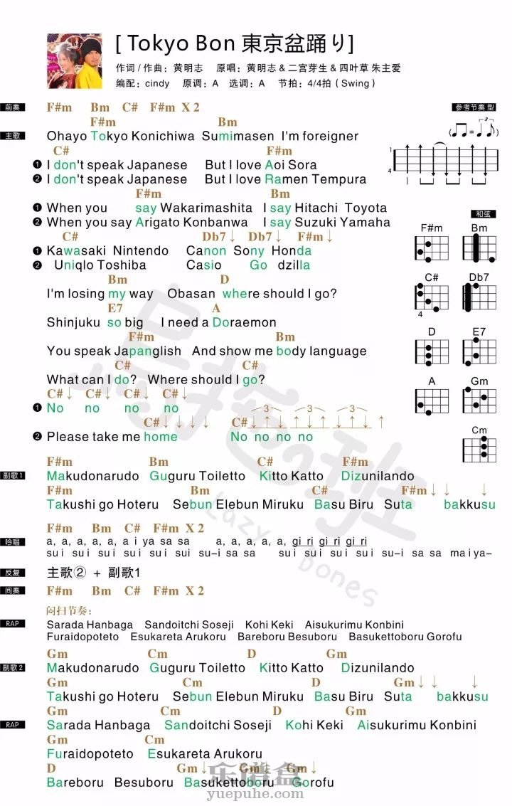 带你玩转日式英语洗脑神曲 《Tokyo Bon東京盆踊り》尤克里里谱演...-C大调音乐网