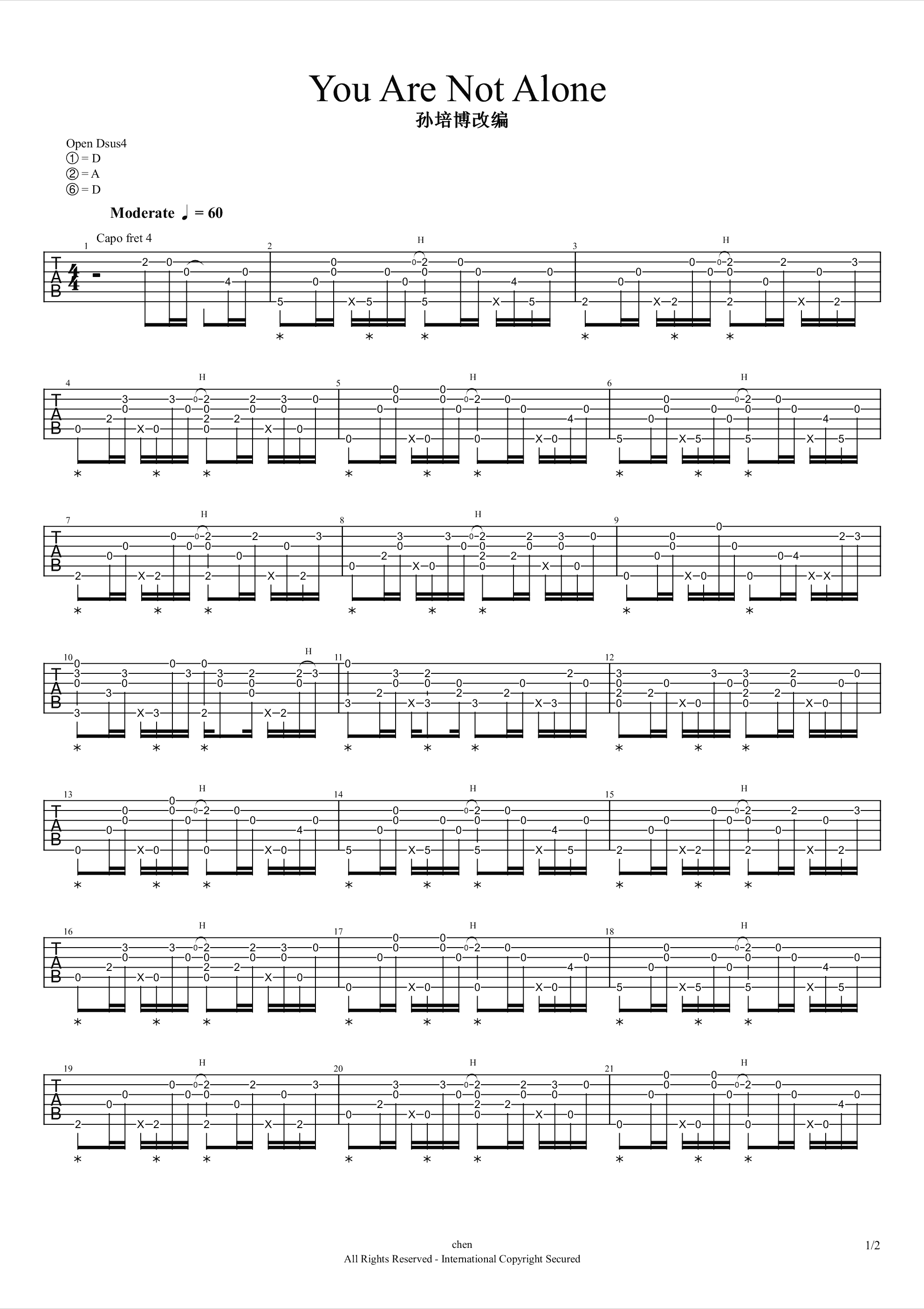 You Are Not Alone指弹谱_孙培博版本_吉他指弹视频-C大调音乐网