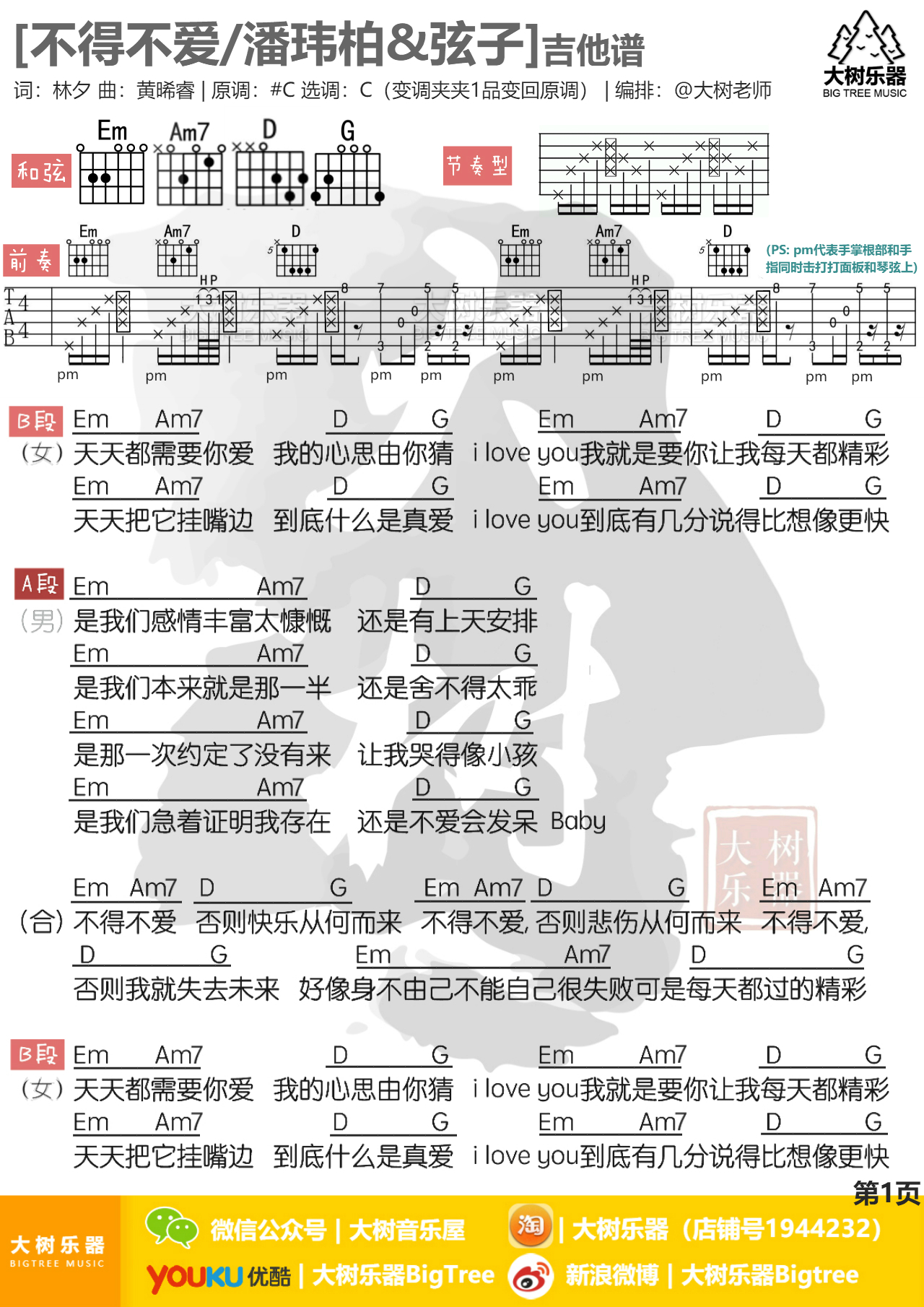 不得不爱(潘玮柏&弦子)-C大调音乐网