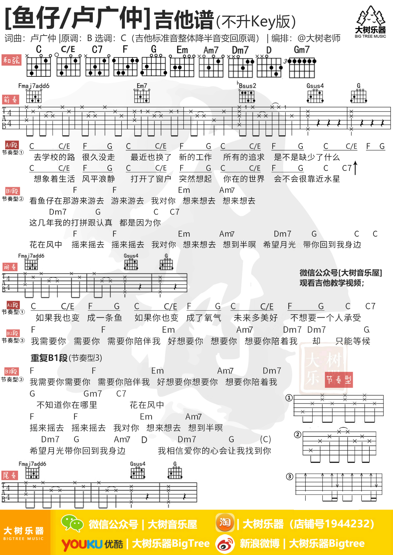 《鱼仔》卢广仲-吉他弹唱-吉他教学-吉他谱-大树乐器-大树音乐-C大调音乐网