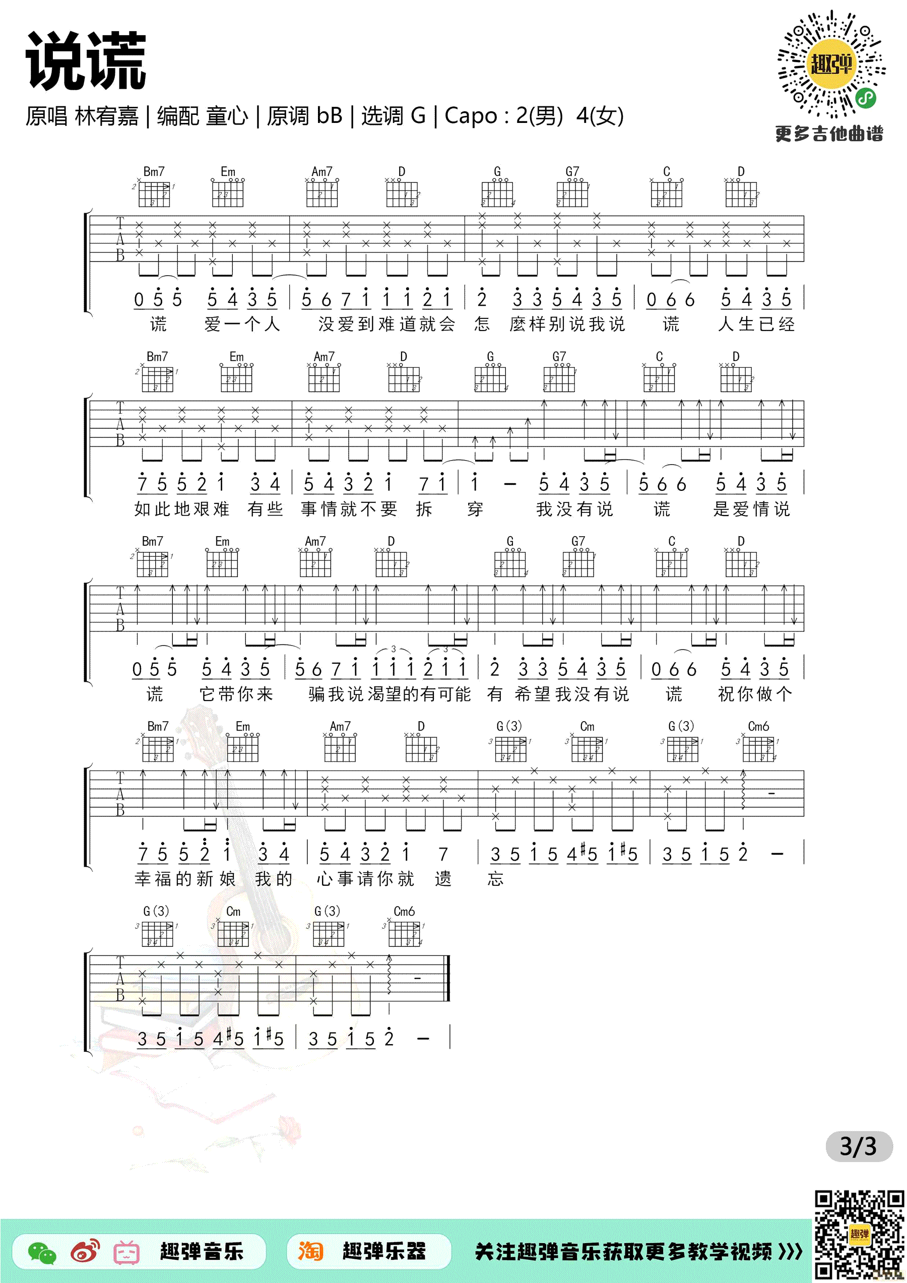 说谎吉他谱_林宥嘉_G调弹唱谱_新手简单版-C大调音乐网
