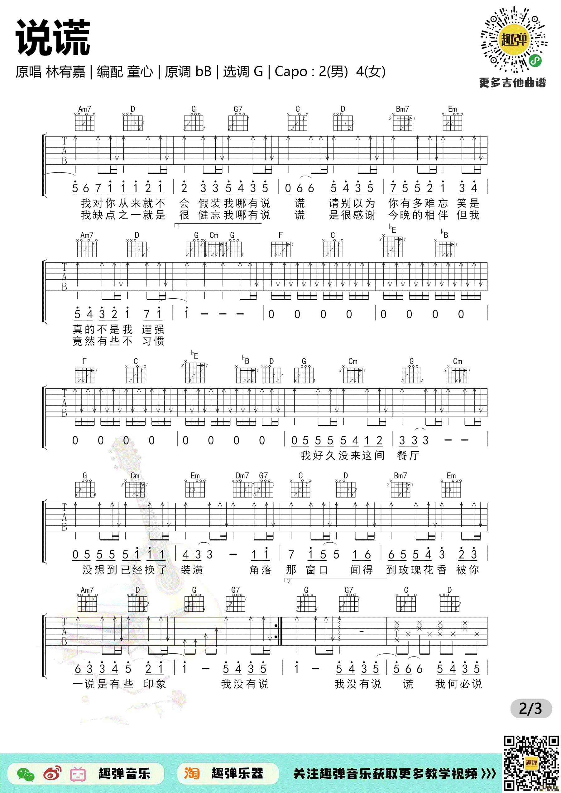 说谎吉他谱_林宥嘉_G调弹唱谱_新手简单版-C大调音乐网