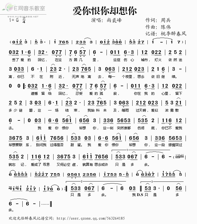 《爱你恨你却想你——尚裘峰（简谱）》吉他谱-C大调音乐网