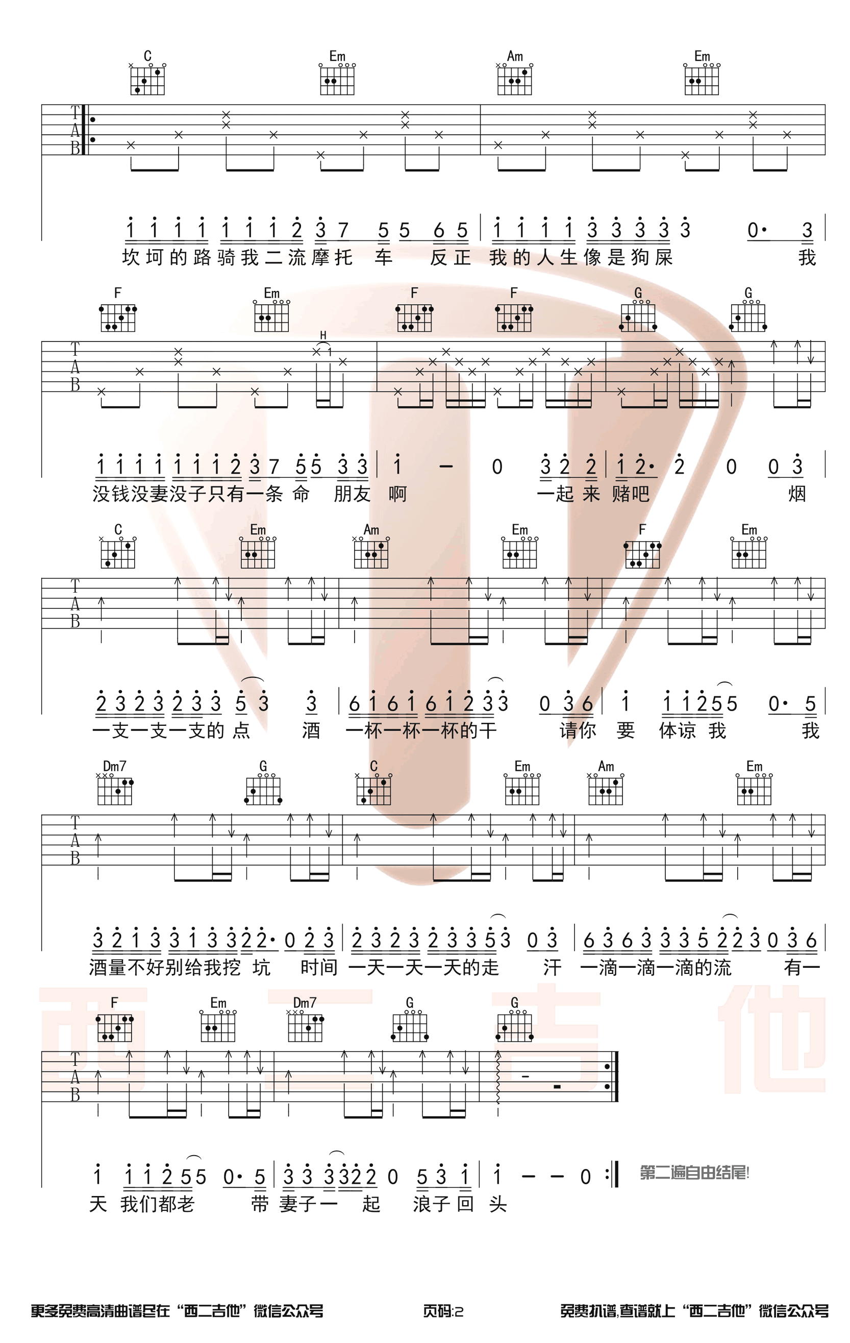 浪子回头吉他谱_C调简单版_茄子蛋_抖音神曲-C大调音乐网