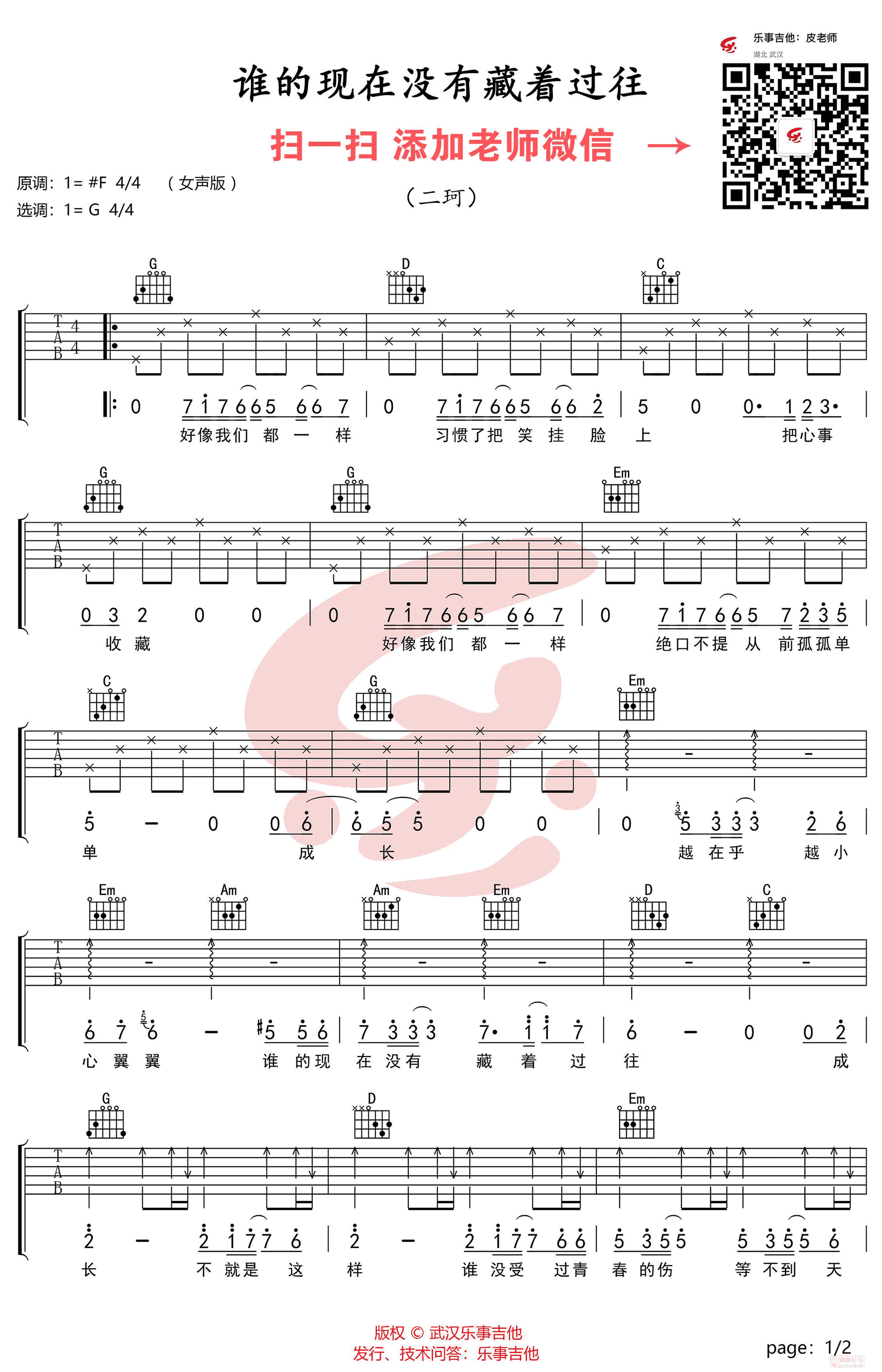 谁的现在没有藏着过往吉他谱_二珂_G调弹唱谱-C大调音乐网