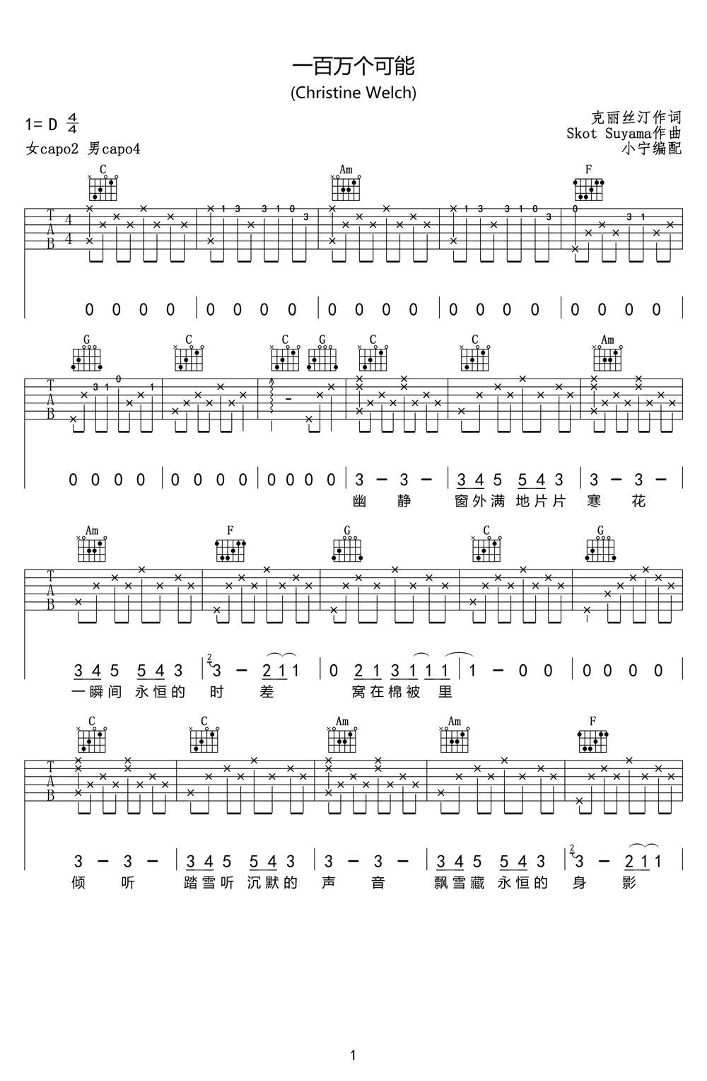 一百万个可能吉他谱_克丽丝叮_民谣弹唱版_高清六线谱-C大调音乐网