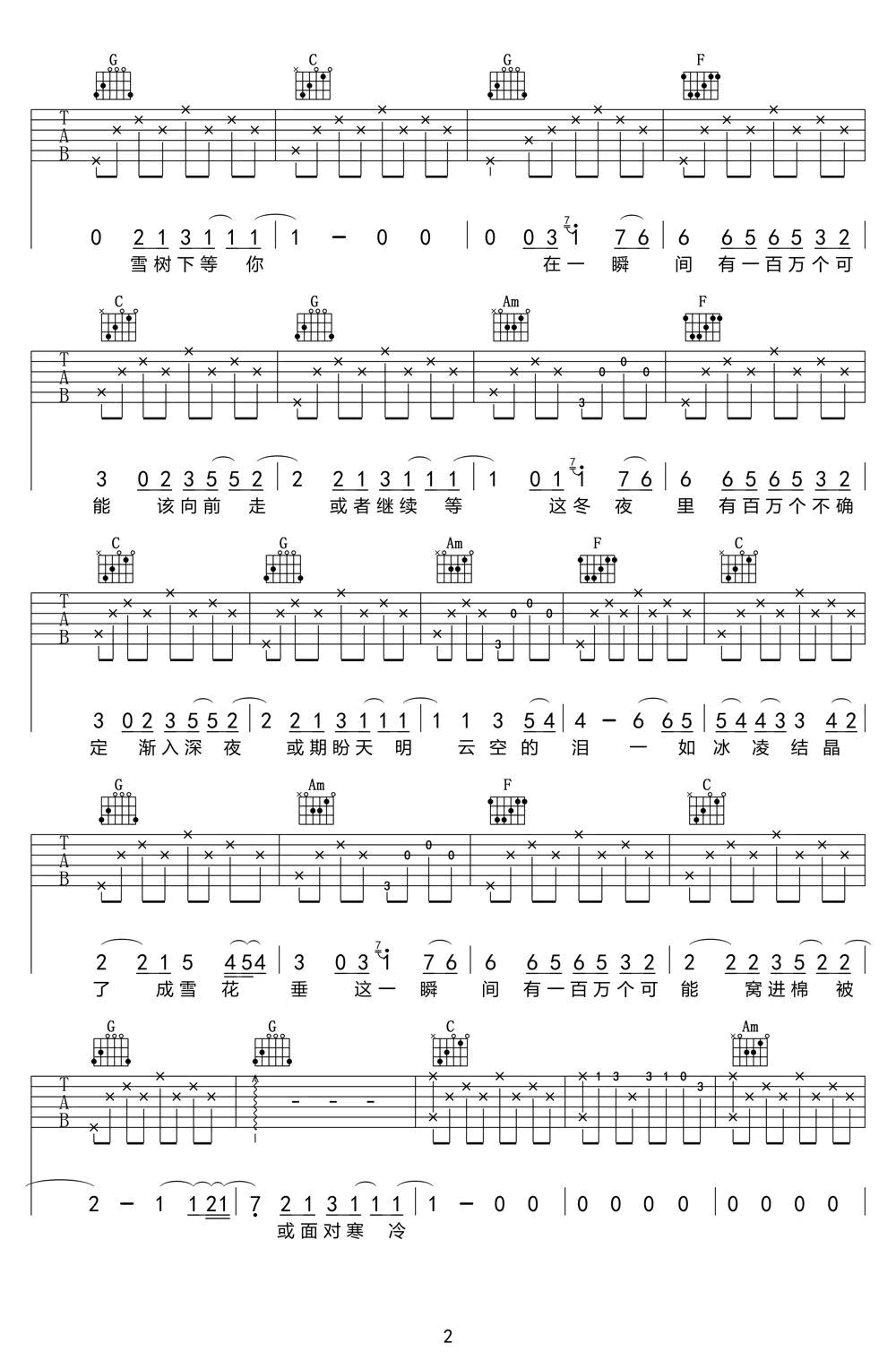 一百万个可能吉他谱_克丽丝叮_民谣弹唱版_高清六线谱-C大调音乐网