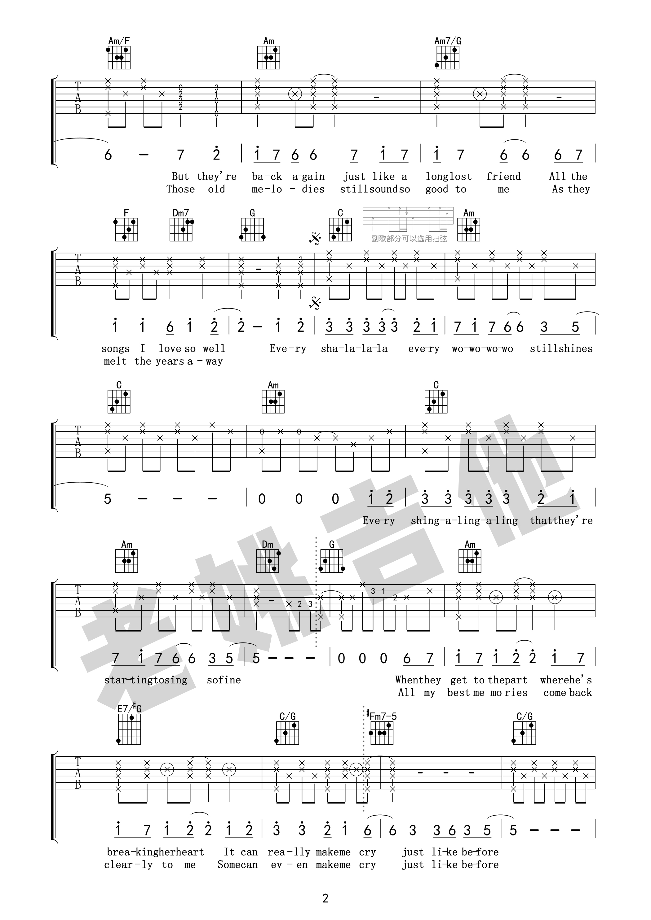 yesterday once more（昨日重现）吉他谱 卡朋特 C调高清弹唱谱-C大调音乐网