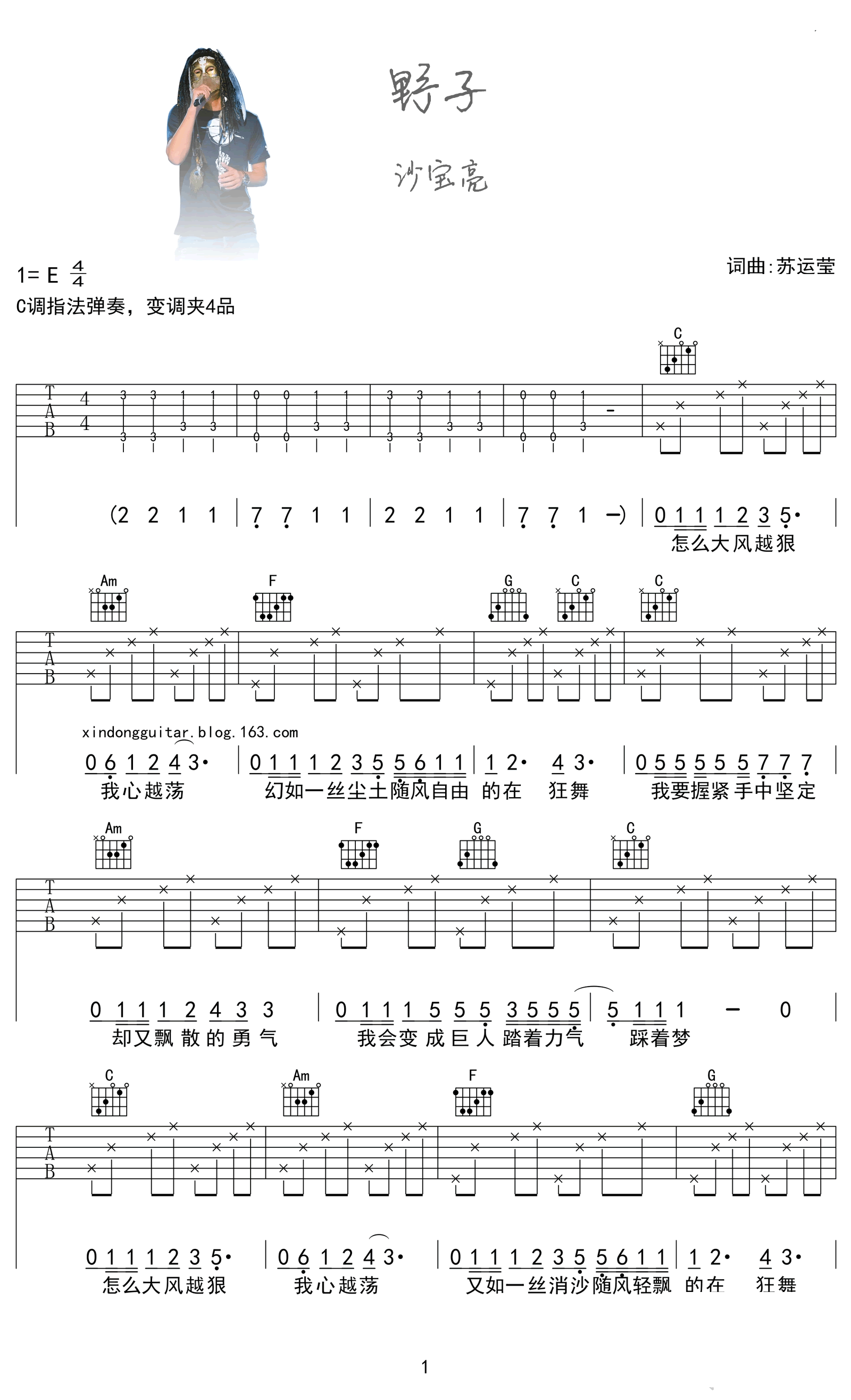 野子吉他谱_野子六线谱高清版_沙宝亮《野子》吉他谱男生版-C大调音乐网