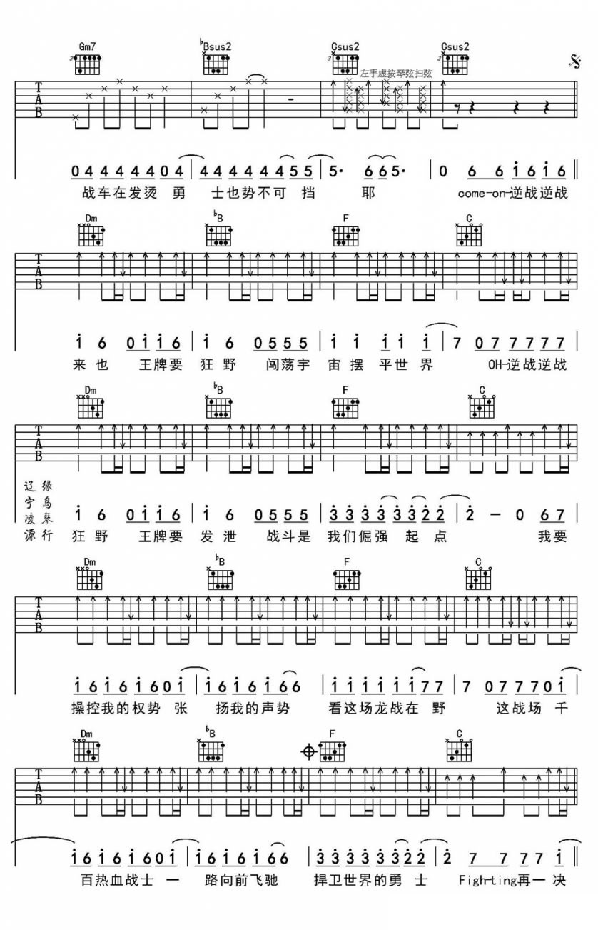 逆战吉他谱_张杰_F调指法高清版-C大调音乐网