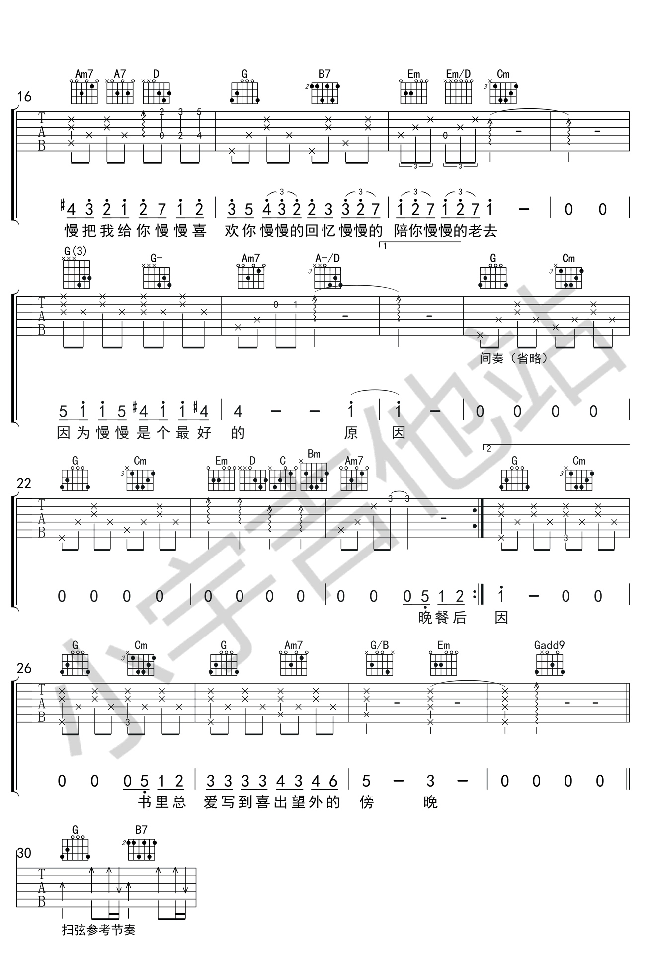 慢慢喜欢你吉他谱_莫文蔚_G调六线谱完整版-C大调音乐网