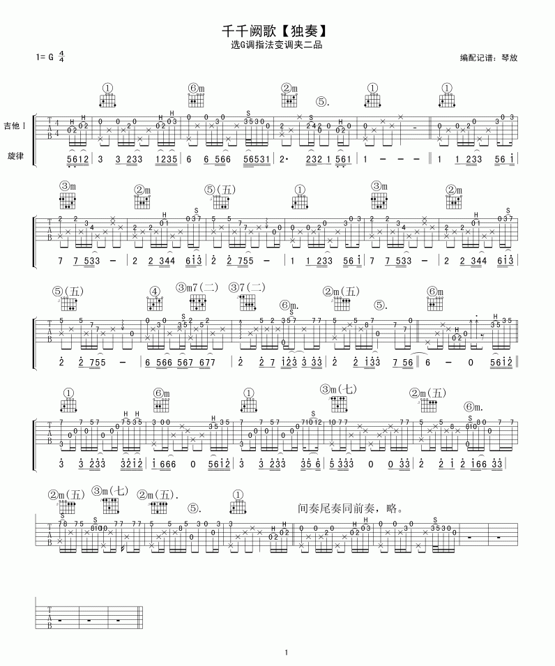 陈慧娴 千千阙歌独奏吉他谱-C大调音乐网