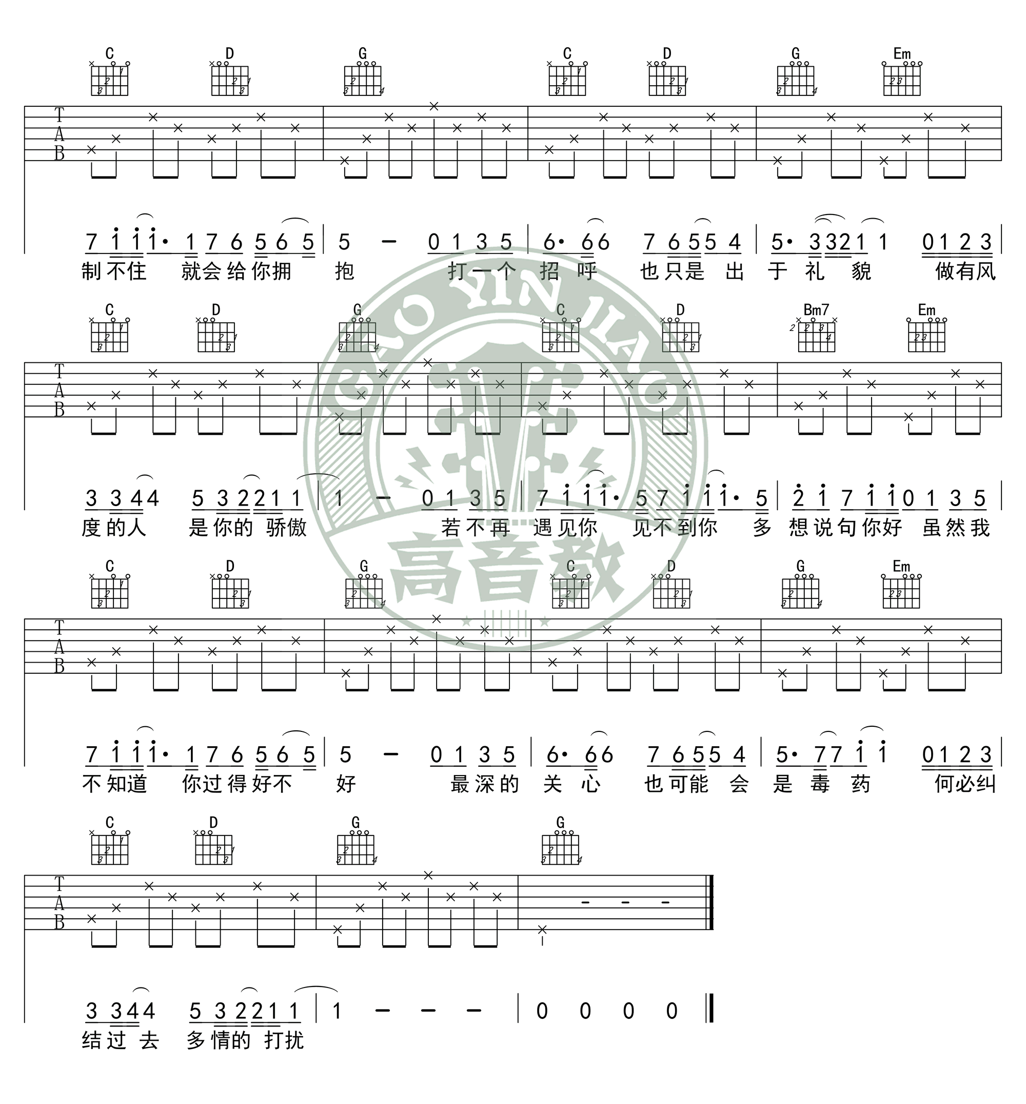 请先说你好吉他谱_G调入门版_贺一航_热门歌曲-C大调音乐网