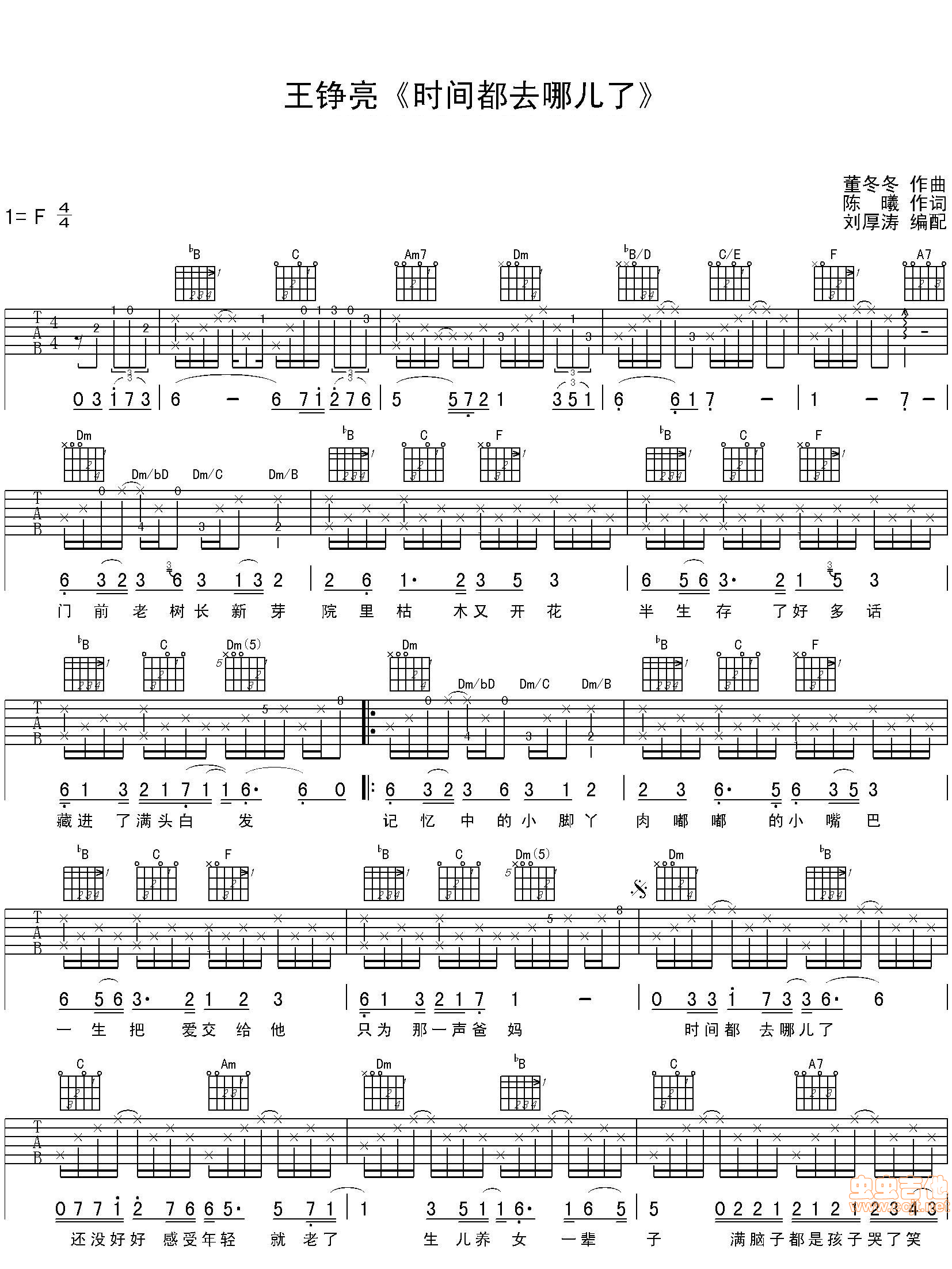 时间都去哪儿了吉他谱_王铮亮_F调图片谱高清版-C大调音乐网