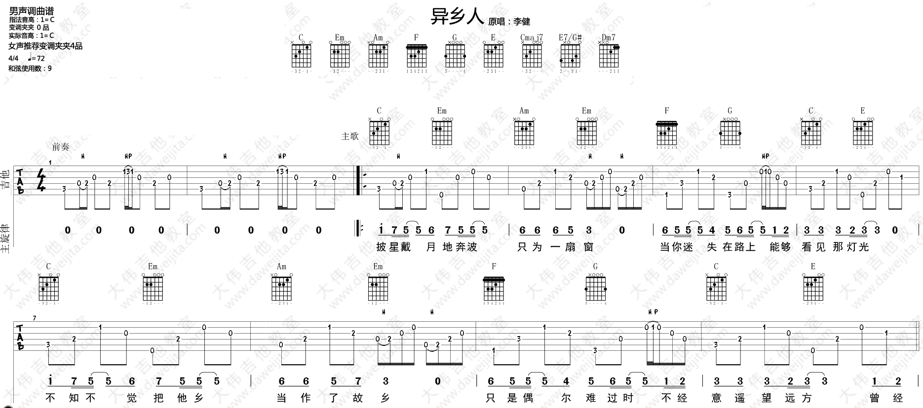 异乡人吉他谱_C调弹唱六线谱_图片谱完整版-C大调音乐网