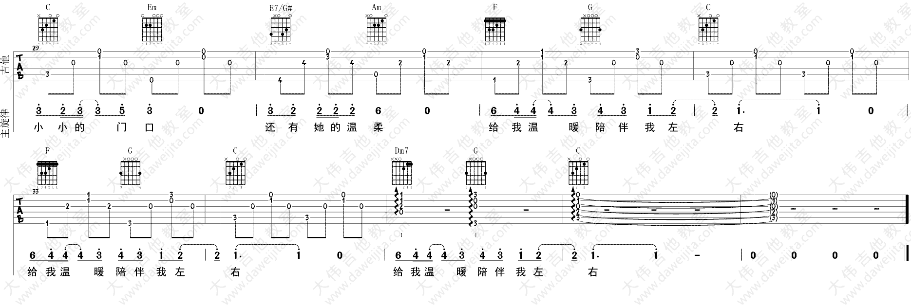 异乡人吉他谱_C调弹唱六线谱_图片谱完整版-C大调音乐网