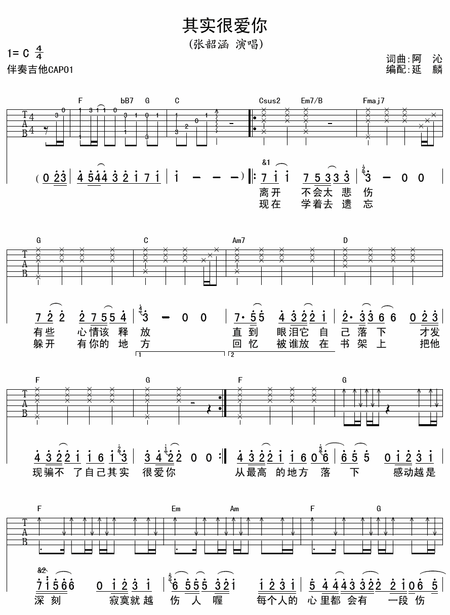 张韶涵 其实很爱你吉他谱-C大调音乐网