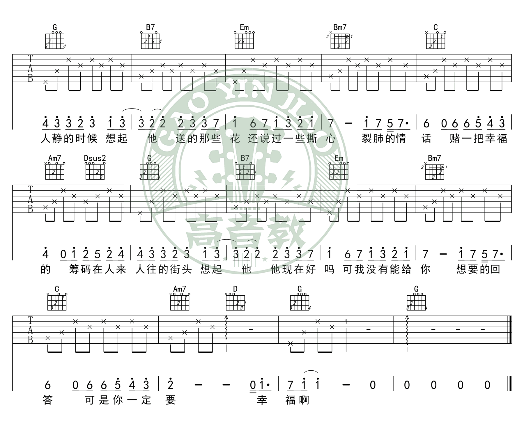 你一定要幸福吉他谱_虎二_G调精华版_图片谱-C大调音乐网