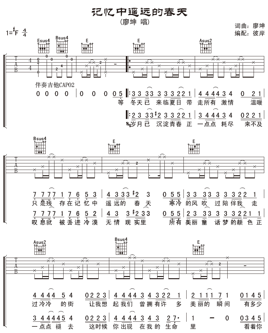 廖坤 记忆中遥远的春天吉他谱-C大调音乐网