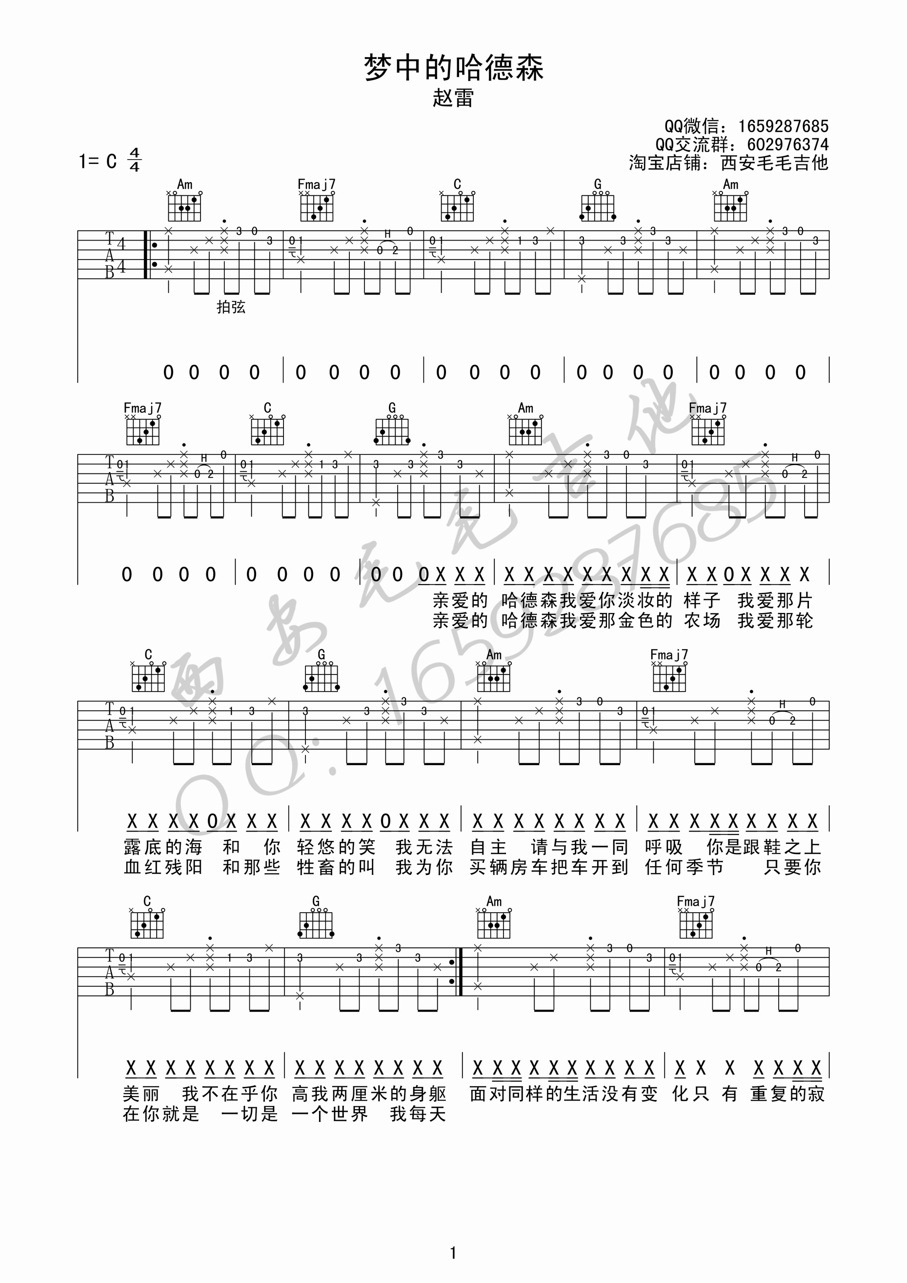 梦中的哈德森吉他谱 赵雷 C调原版编配-C大调音乐网