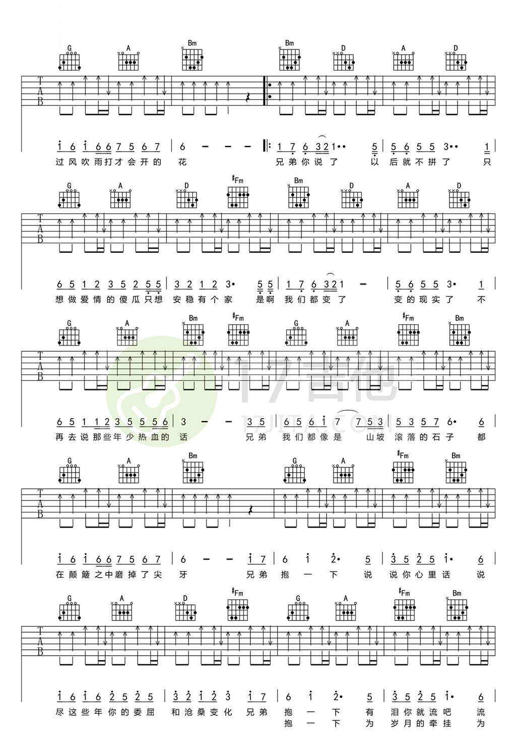 兄弟抱一下吉他谱_吉他弹唱谱完整版_庞龙-C大调音乐网