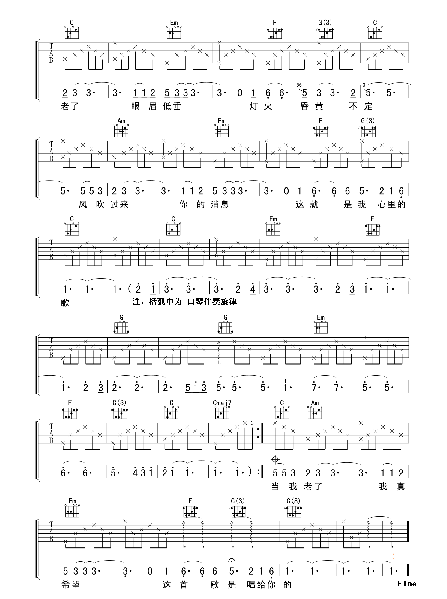 当你老了吉他谱_中国好歌曲_赵照现场版-C大调音乐网