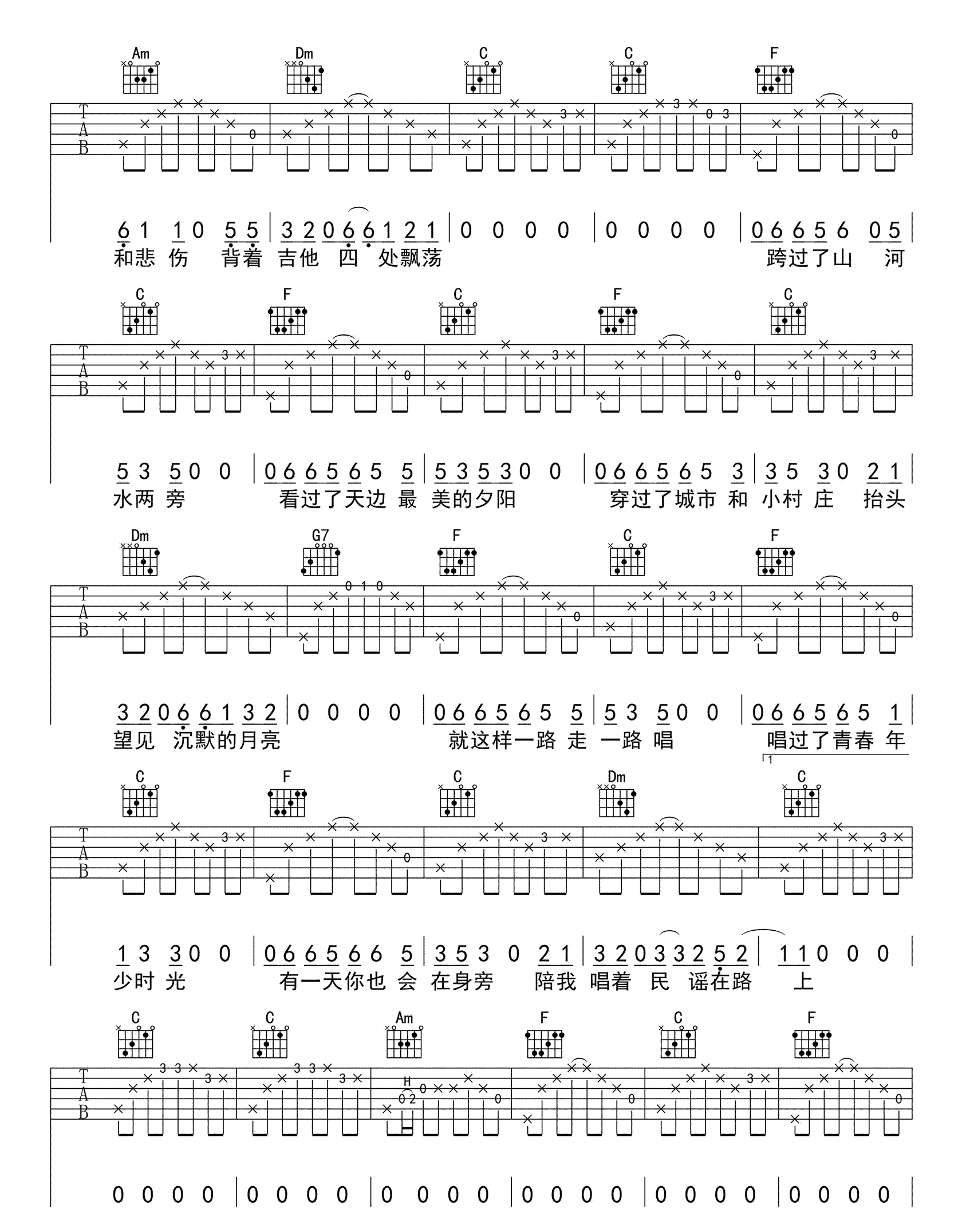 民谣在路上吉他谱_前冲《民谣在路上》六线谱_C调弹唱谱标准版-C大调音乐网