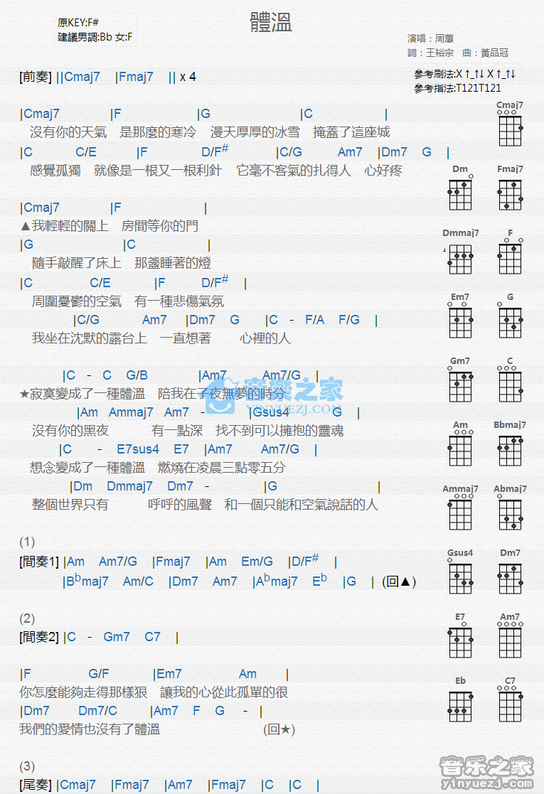 周蕙《体温》尤克里里弹唱谱-C大调音乐网